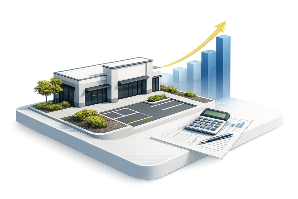 A small commercial building, parking lot with ample parking spaces, calculator, and financial documents are shown with rising blue bar charts and a yellow upward arrow, symbolizing business growth and financial analysis.