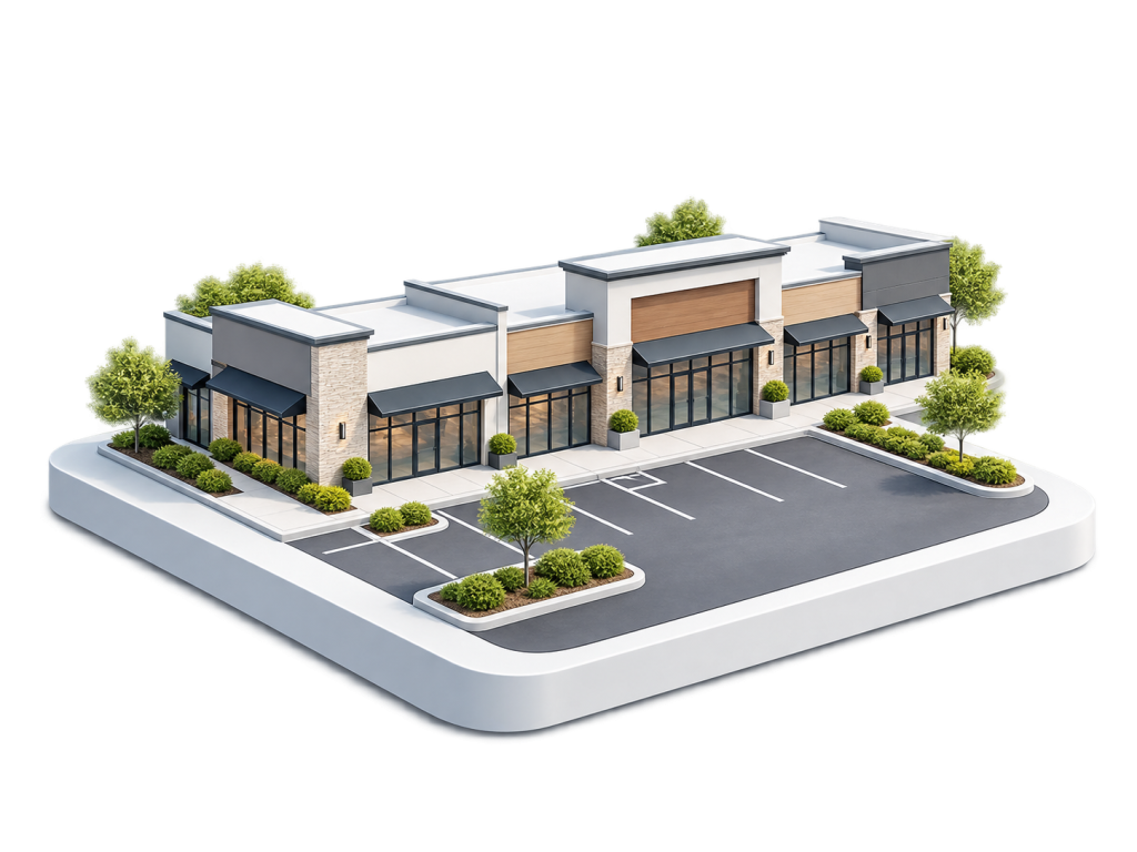 A 3D rendering of a modern, small shopping plaza with large windows, black awnings, landscaped greenery, and an empty parking lot in front—featuring dedicated EV charging for retail properties to accommodate eco-conscious shoppers.