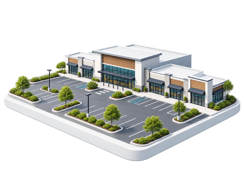A modern shopping center with large windows, several storefronts, parking spaces featuring EV charging for retail properties, trees, and landscaped areas, viewed from an elevated angle on a white background.