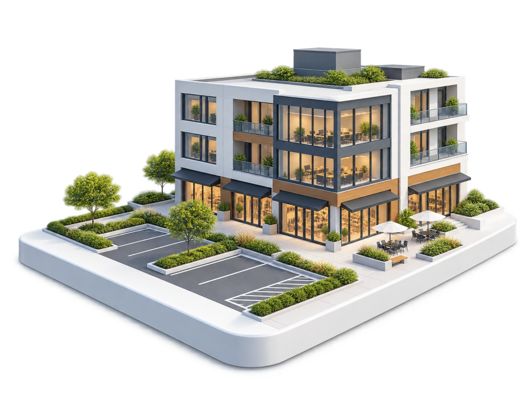A modern, three-story building with large windows, balconies, rooftop greenery, outdoor seating, and a parking area equipped with EV charging for retail properties, surrounded by landscaped trees and bushes, on a white background.