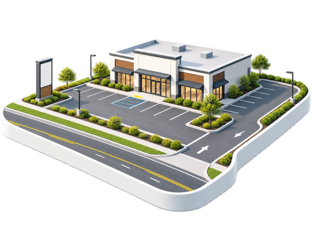 3D render of a modern, standalone commercial building with a parking lot featuring EV charging for retail properties, surrounding greenery, tall streetlights, an empty sign, and street access. The lot includes a marked accessible parking space.